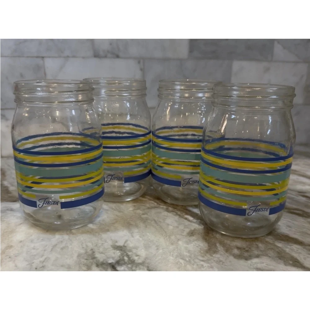 Fiesta Stripes Mason Jar Drinking Glasses Blue Yellow Aqua Fiesta Logo Set of 4